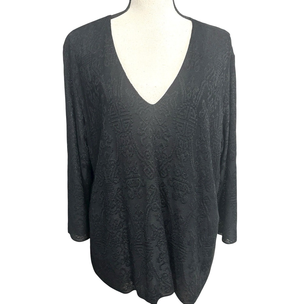 Brenda French for French Rags Plunge Neck Tunic Top Sz XL Black Textured Print